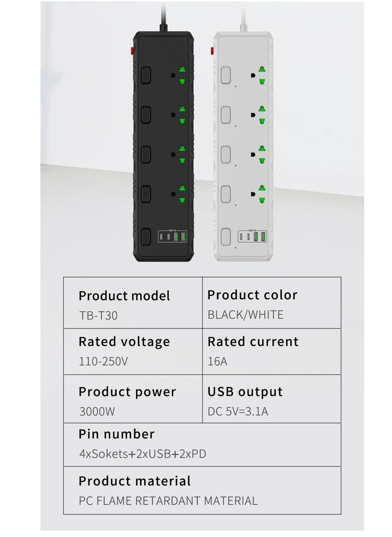 GULFLINK Power Extension Cord 2 Meter Cable With 4 Power Socket 2 USB 2 PD Power Strip White  - Image 2