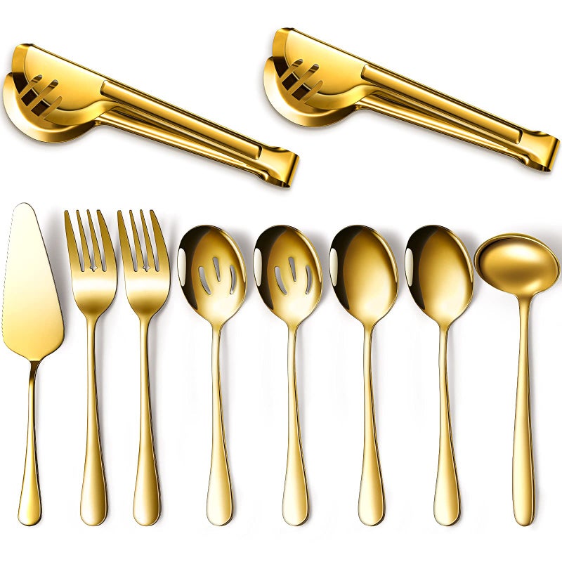 Patelai Patelai Serving Utensils Set Include Large Spoons Slotted Spoons Forks Tongs Soup Ladle and Pie Server Buffet Catering for Dishwasher SafeGold10 Pieces 
