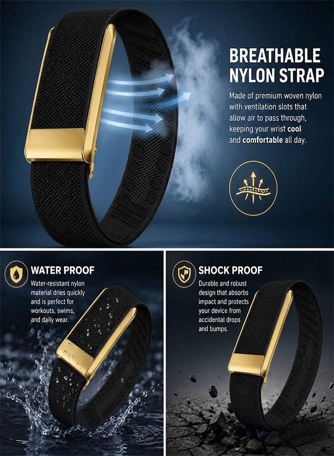 CATANES Woven Nylon Strap Compatible with Whoop 5.0, Adjustable Stretch Sport Band Replacement with Secure Quick-Clip Hardware, Breathable Athletic Wristband for Men and Women - Black with Gold Connector - Image 3