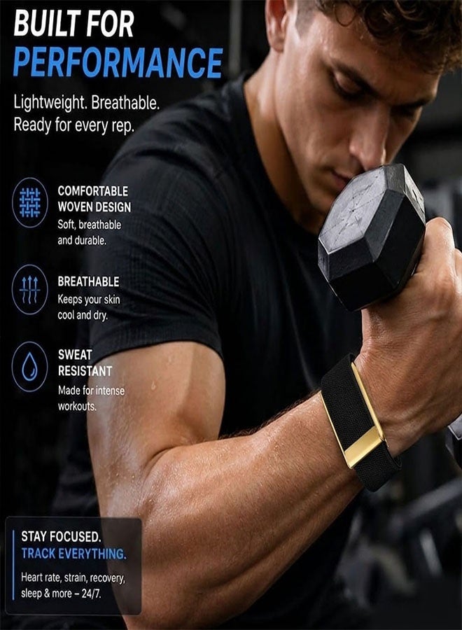 CATANES Woven Nylon Strap Compatible with Whoop 5.0, Adjustable Stretch Sport Band Replacement with Secure Quick-Clip Hardware, Breathable Athletic Wristband for Men and Women - Black with Gold Connector - Image 4