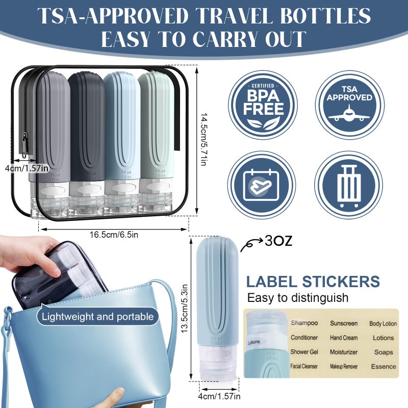 YIIMER Travel Bottles for Toiletries, 3oz TSA Approved Travel Size Toiletries, Silicone Leak-Proof Refillable Containers, Squeezable Liquid Essentials Bottles W/Clear Bag (GRAY) - Image 5