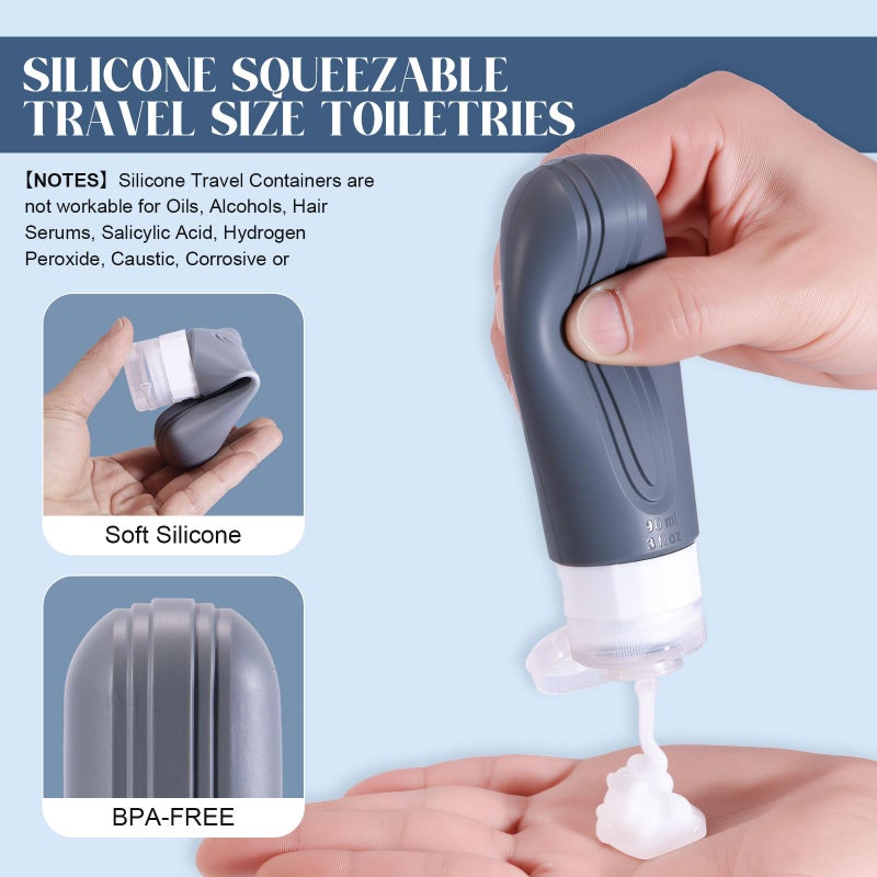 YIIMER Travel Bottles for Toiletries, 3oz TSA Approved Travel Size Toiletries, Silicone Leak-Proof Refillable Containers, Squeezable Liquid Essentials Bottles W/Clear Bag (GRAY) - Image 3