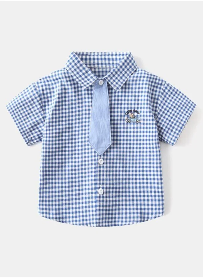 YUNIQEE Blue Collared Short Sleeve Checkered Shirt