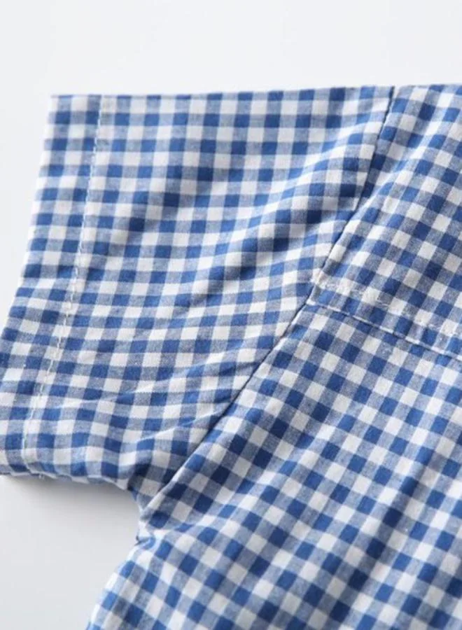 يونيكي Blue Collared Short Sleeve Checkered Shirt