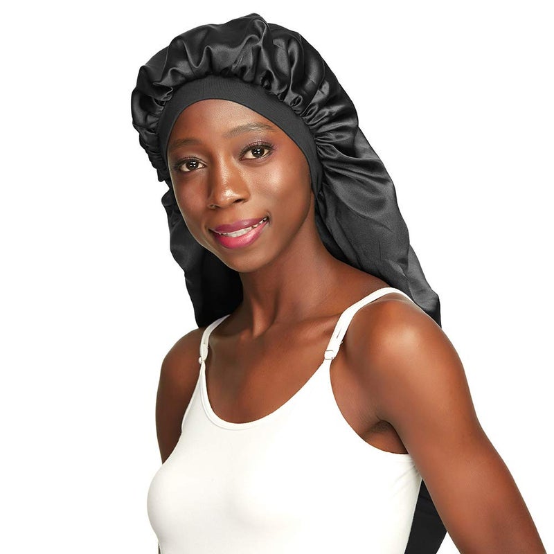 Awefeel Long Braids Satin Bonnet Jumbo Sleep Cap to Protect Hair Black - Image 1