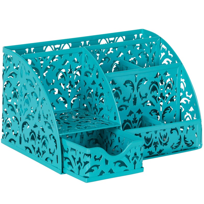 Easypag Pen Holder Desk Organizer With Drawer Pencil Cup For Desk 6 Compartments Metal Office Caddy Storage With Sticky Notes Holder For School Home Office  Dark Teal - Image 2