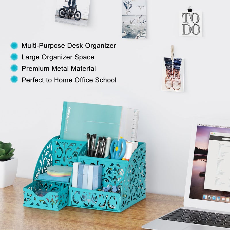 Easypag Pen Holder Desk Organizer With Drawer Pencil Cup For Desk 6 Compartments Metal Office Caddy Storage With Sticky Notes Holder For School Home Office  Dark Teal - Image 3