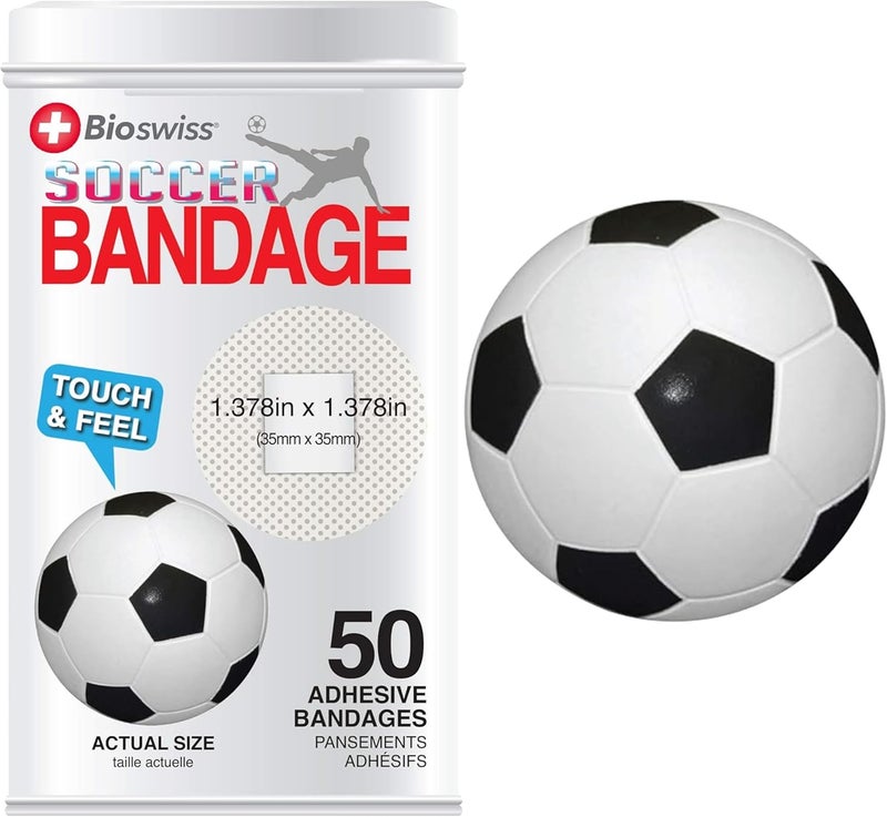 BioSwiss Bandages Soccer Ball Shaped Self Adhesive Bandage Latex Free Sterile Wound Care Fun First Aid Kit Supplies for Kids 50 Count - Image 1