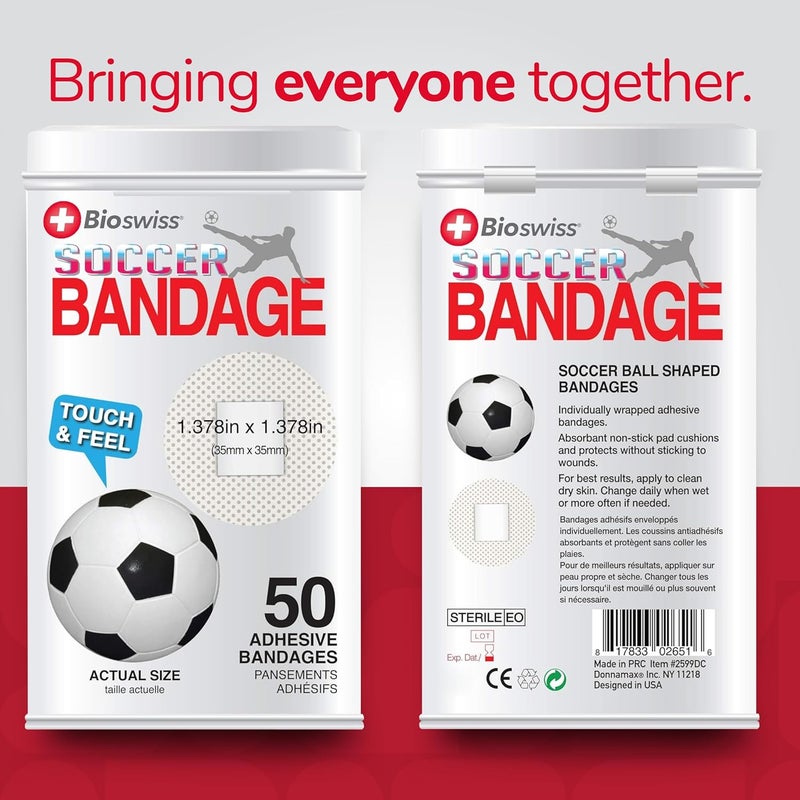 BioSwiss Bandages Soccer Ball Shaped Self Adhesive Bandage Latex Free Sterile Wound Care Fun First Aid Kit Supplies for Kids 50 Count - Image 3
