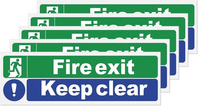 ARS Fire Exit Keep Clear Sign 300 x 100 mm Self Adhesive Plastic Signage Emergency Exit Signs for Office School Hospital Pack of 5 - Image 1