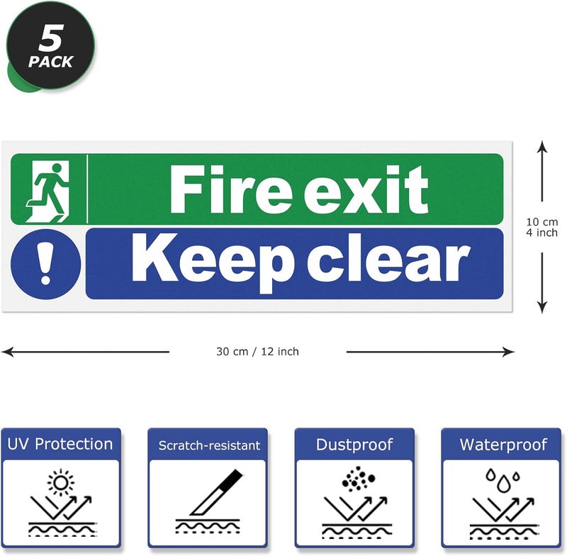 ARS Fire Exit Keep Clear Sign 300 x 100 mm Self Adhesive Plastic Signage Emergency Exit Signs for Office School Hospital Pack of 5 - Image 2