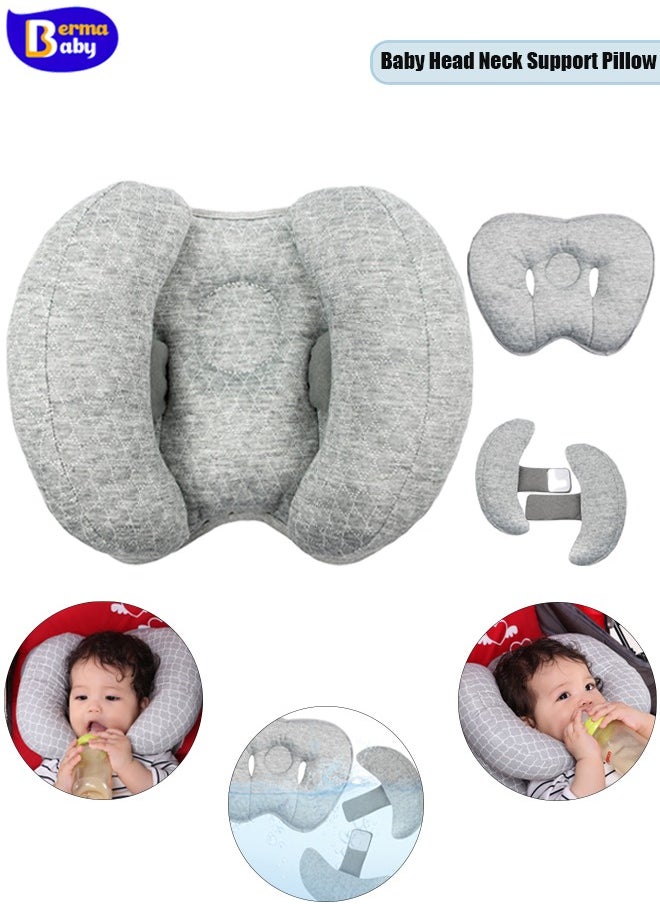 Berma Baby 2 in 1 Baby Head Neck Support Pillow, Banana Shaped Baby Pillow for Head, Adjustable Baby Travel Cushion Head Pillow for Kids Toddler Stroller or Car (Grey)  - Image 1