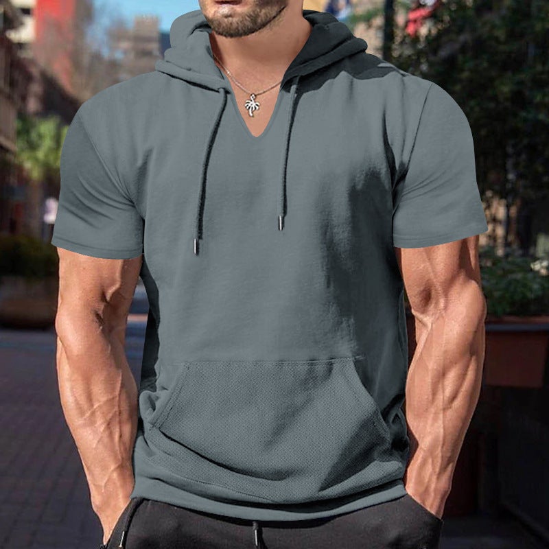 2024 Summer Mens Short Sleeve Hoodie T-shirt Casual Solid Slim Top khaki - Image 2