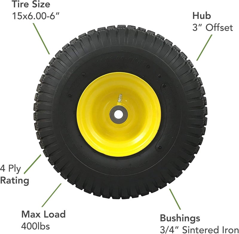 MARASTAR 15x6.00-6 Front Tire Assembly for John Deere Riding Mowers - Turf Saver Tread - Image 3
