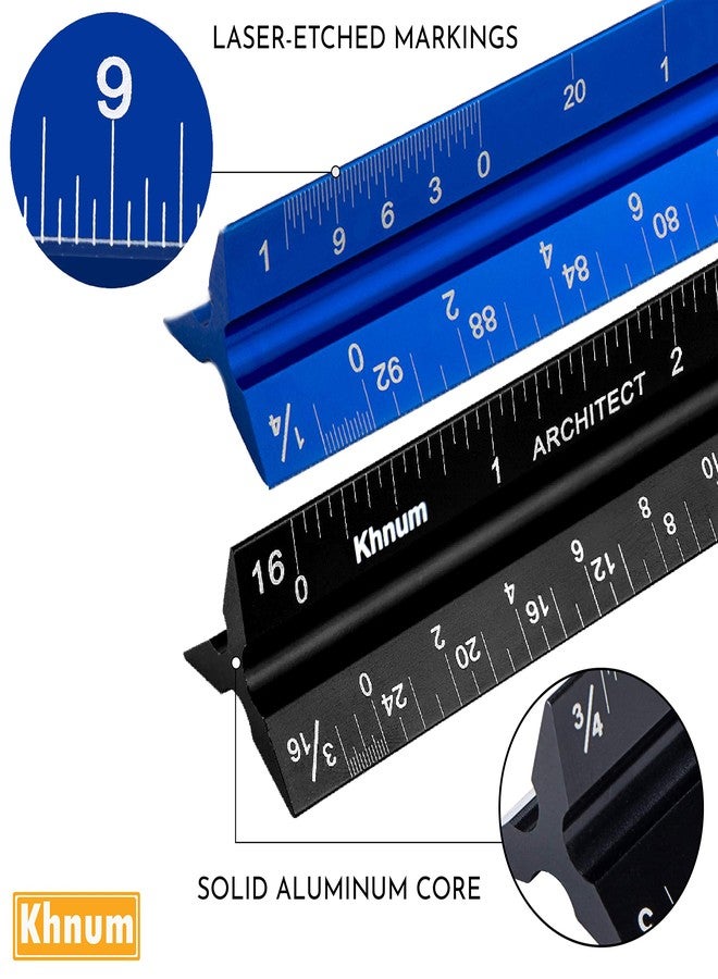 Khnum 12-Inch Architectural and Engineering Scale Ruler Set (Imperial) | Laser-Etched Aluminum Triangular Drafting Tool | for Architect and Civil Engineer Blueprints | Standard Metal Ruler Included - Image 3