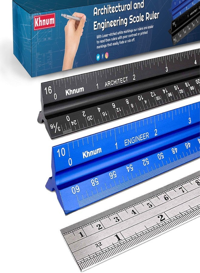 Khnum 12-Inch Architectural and Engineering Scale Ruler Set (Imperial) | Laser-Etched Aluminum Triangular Drafting Tool | for Architect and Civil Engineer Blueprints | Standard Metal Ruler Included - Image 1