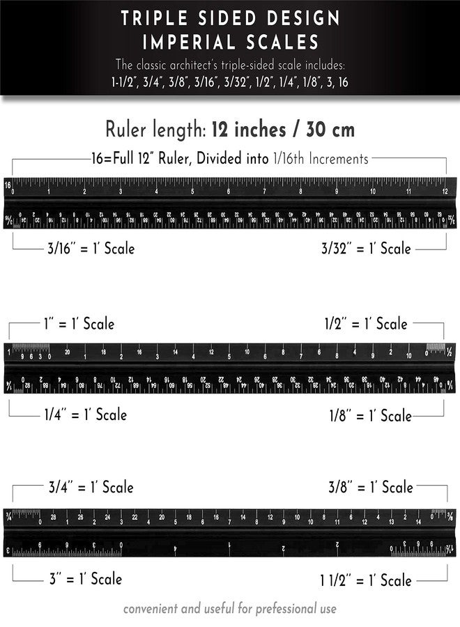 Khnum 12-Inch Architectural and Engineering Scale Ruler Set (Imperial) | Laser-Etched Aluminum Triangular Drafting Tool | for Architect and Civil Engineer Blueprints | Standard Metal Ruler Included - Image 4