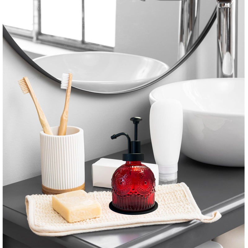 Birugen Vintage Soap Dispenser for Bathroom,Glass Kitchen Soap Dispenser with Pump,Farmhouse Antique,Cute Small Rustic Decor (Red) - Image 3