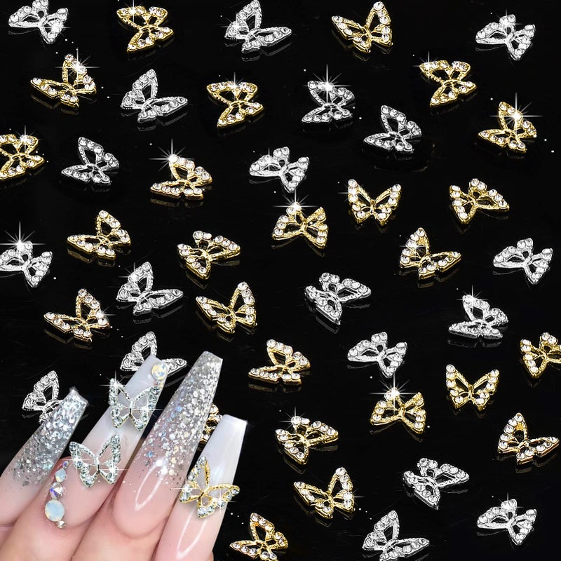 Juome Nail Charms 40 Pcs Butterfly Nail Charms 3D Butterflies Shape Charms for Nails Gems Nail Art Decorations Supplies 20Pcs Gold 20Pcs Silver