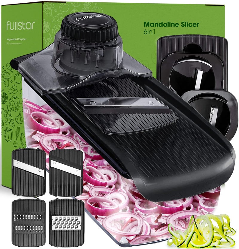 Fullstar Mandoline Slicer for Kitchen, Cucumber Slicer, Cheese Grater Vegetable Spiralizer and Veggie Slicer for Cooking, Kitchen Gadgets Organizer & Safety Glove Included (6 in 1, Black) - Image 1