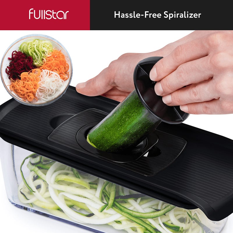 Fullstar Mandoline Slicer for Kitchen, Cucumber Slicer, Cheese Grater Vegetable Spiralizer and Veggie Slicer for Cooking, Kitchen Gadgets Organizer & Safety Glove Included (6 in 1, Black) - Image 5