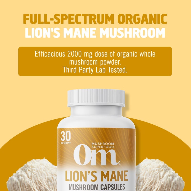 OM Mushroom Superfood Lion's Mane Mushroom Capsules Superfood Supplement, 90 Count, 30 Day Supply, Fruit Body and Mycelium Nootropic for Memory, Focus, Nerve Health and Immune Support - Image 4