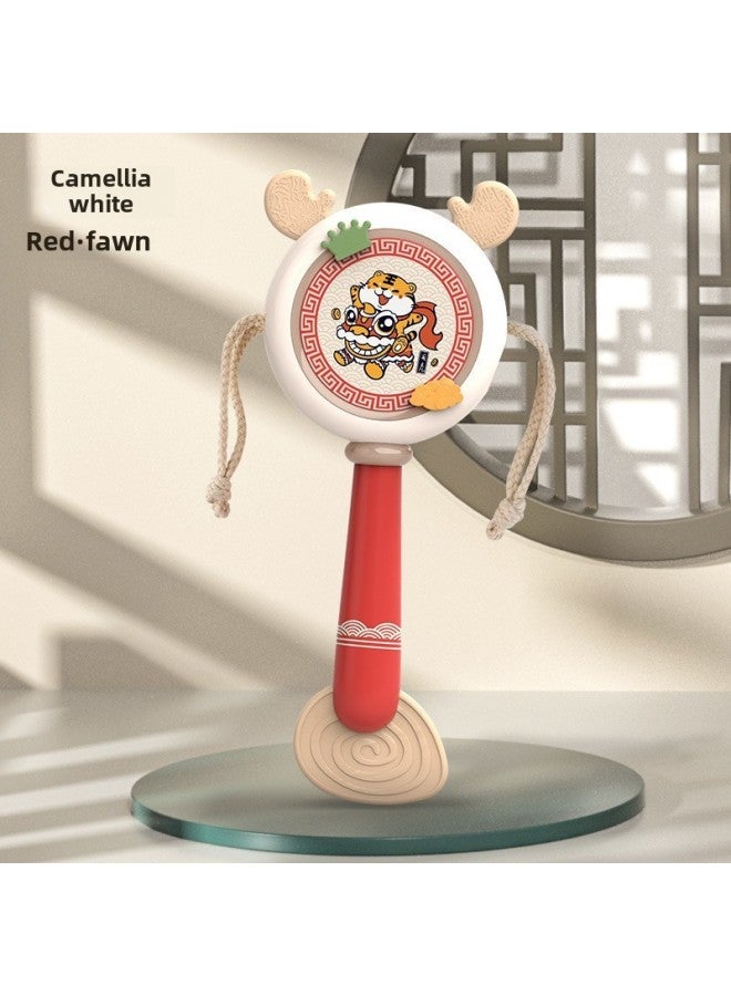 National Tide Baby Rattle Drum Toy Chinese Style Children's Hand Rattle Drum Baby's Grasp Training Can Gnaw Teeth Rattle-Color:[cha Flower Red-elk] Chewable Teether Rattle - Image 1