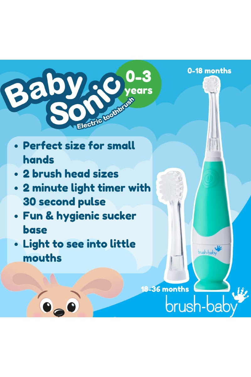 برش بيبي فرشاة أسنان كهربائية للأطفال بيبي سونيك باللون الأزرق الفيروزي – إضاءة LED، رأسين للفرشاة، شعيرات ناعمة، مؤقت دقيقتين - Image 3
