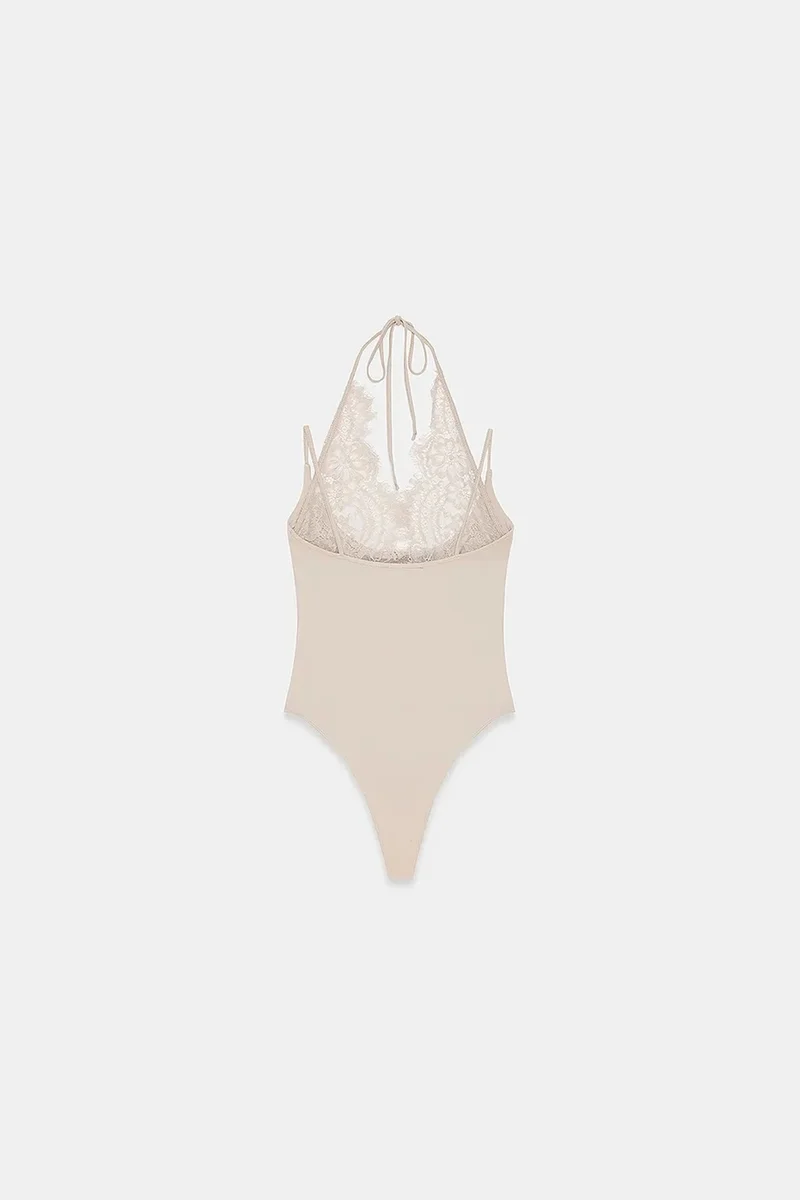 Dilvin Beige Natural DILVIN Embroidered Cut-out Sleeveless Bodysuit for Women | Best Price UAE