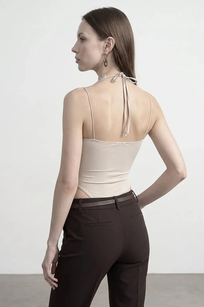 Dilvin Beige Natural DILVIN Embroidered Cut-out Sleeveless Bodysuit for Women | Best Price UAE