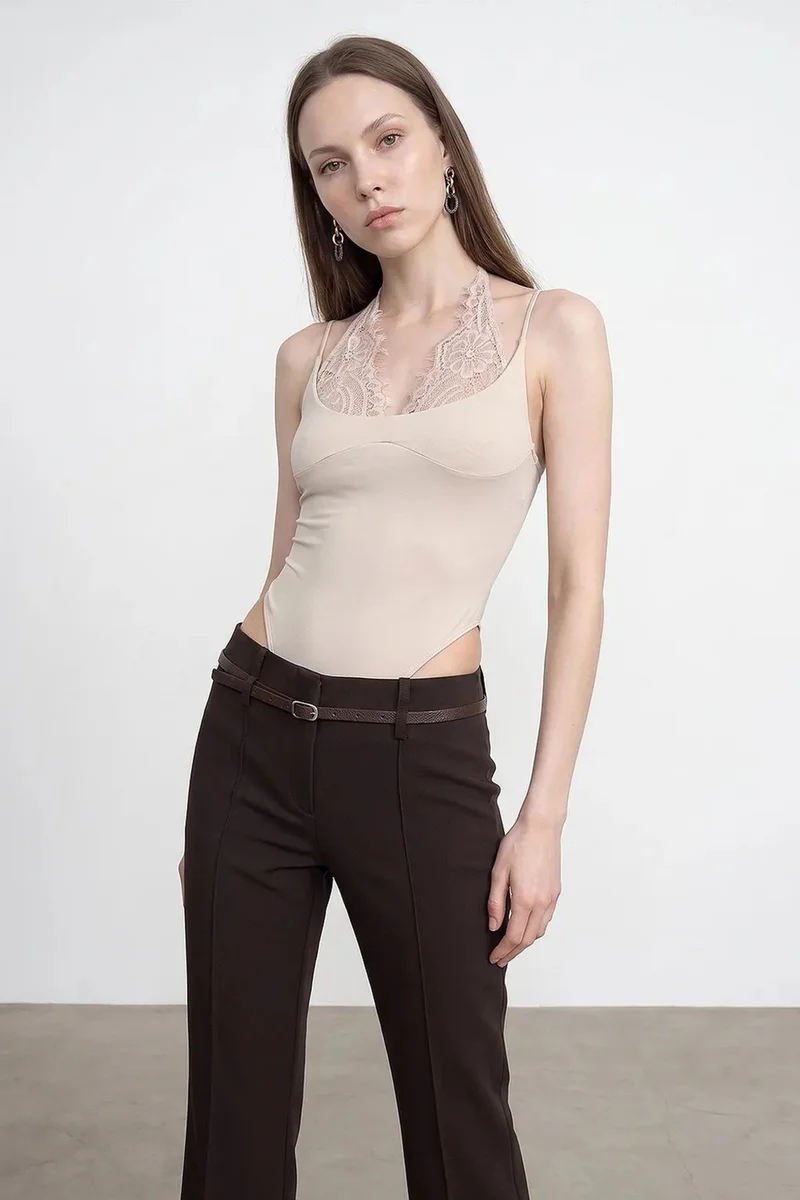 Dilvin Beige Natural DILVIN Embroidered Cut-out Sleeveless Bodysuit for Women | Best Price UAE