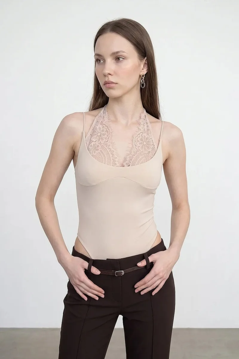 Dilvin Beige Natural DILVIN Embroidered Cut-out Sleeveless Bodysuit for Women | Best Price UAE