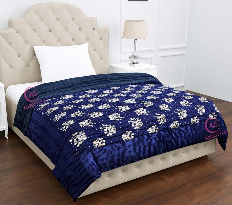 AUROSTYLE Rajasthani Cotton Filled Light Weight Silk Soft Jaipuri AC Quilt Dohar Over All Floral Print Design Blankets for Home 85x100 InchBlue2 Elephant Print Double Bed - Image 2