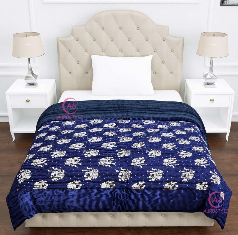 AUROSTYLE Rajasthani Cotton Filled Light Weight Silk Soft Jaipuri AC Quilt Dohar Over All Floral Print Design Blankets for Home 85x100 InchBlue2 Elephant Print Double Bed - Image 3