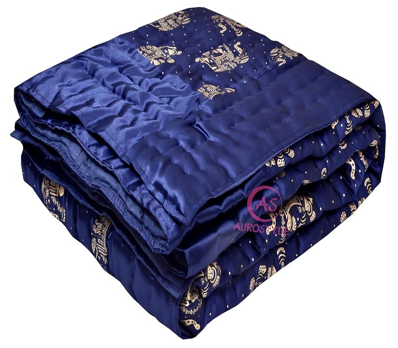 AUROSTYLE Rajasthani Cotton Filled Light Weight Silk Soft Jaipuri AC Quilt Dohar Over All Floral Print Design Blankets for Home 85x100 InchBlue2 Elephant Print Double Bed - Image 4