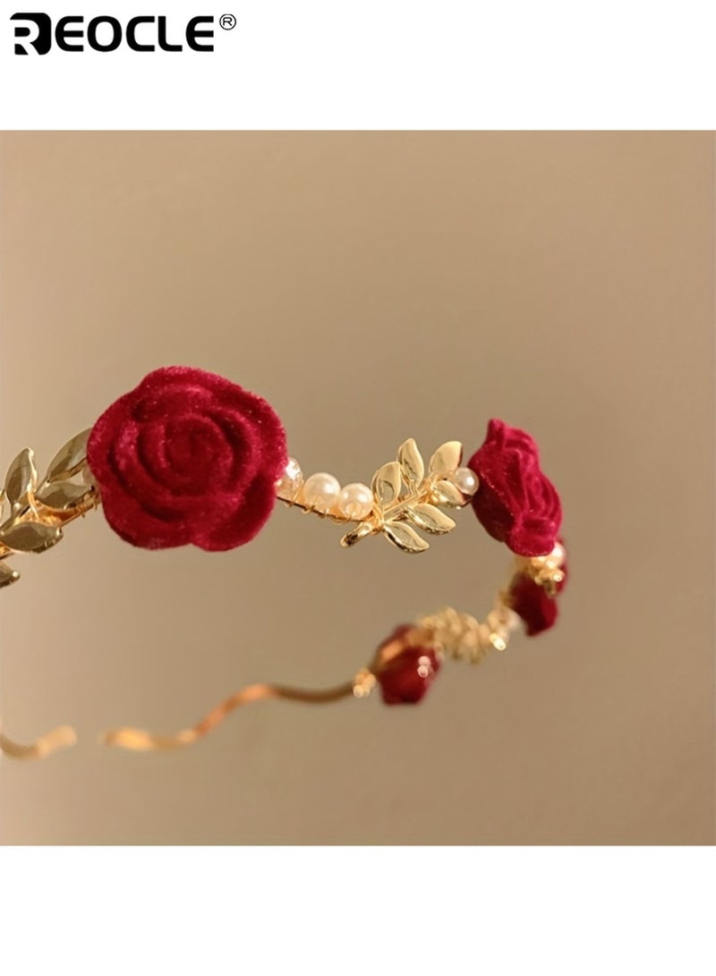 ريوكل عصابة رأس نسائية مرصعة باللؤلؤ الوردي بتصميم فرنسي عتيق ولمسة نهائية فاخرة، إكسسوار شعر نسائي بمشبك تثبيت آمن للاستخدام اليومي غير الرسمي (مقاس واحد) - Image 3