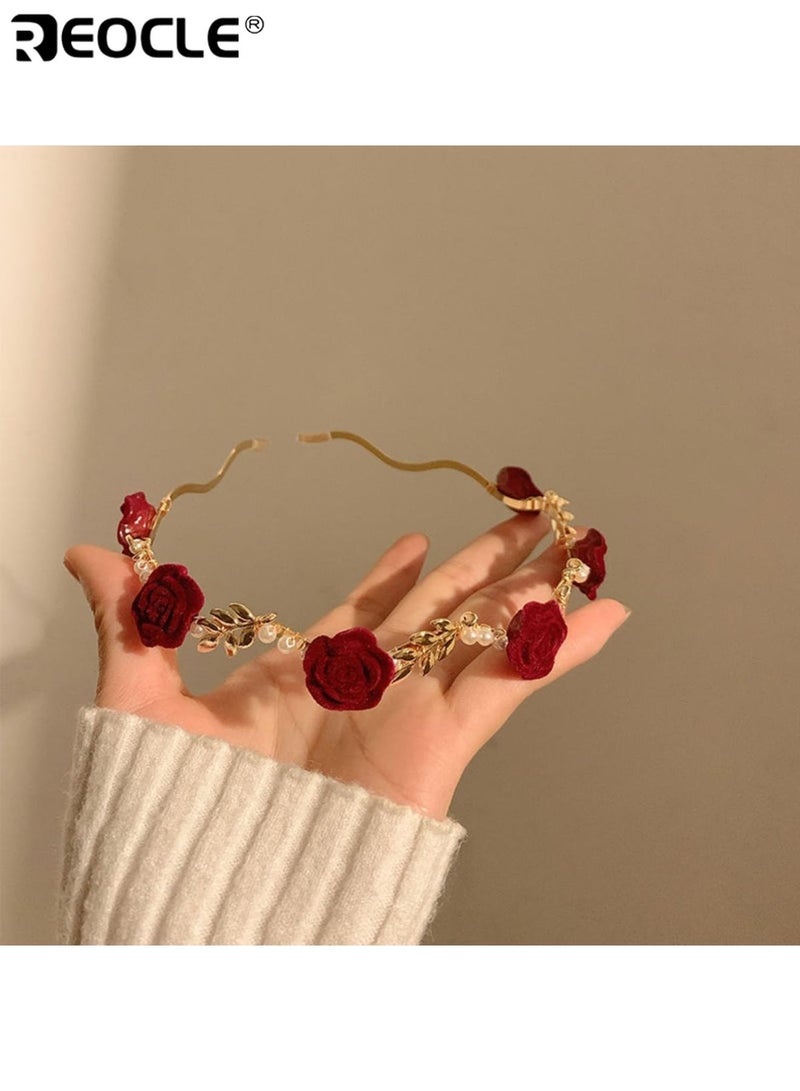 ريوكل عصابة رأس نسائية مرصعة باللؤلؤ الوردي بتصميم فرنسي عتيق ولمسة نهائية فاخرة، إكسسوار شعر نسائي بمشبك تثبيت آمن للاستخدام اليومي غير الرسمي (مقاس واحد) - Image 2