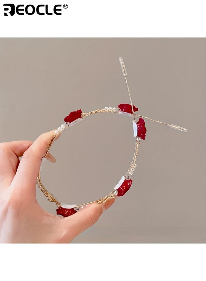 ريوكل عصابة رأس نسائية مرصعة باللؤلؤ الوردي بتصميم فرنسي عتيق ولمسة نهائية فاخرة، إكسسوار شعر نسائي بمشبك تثبيت آمن للاستخدام اليومي غير الرسمي (مقاس واحد) - Image 4