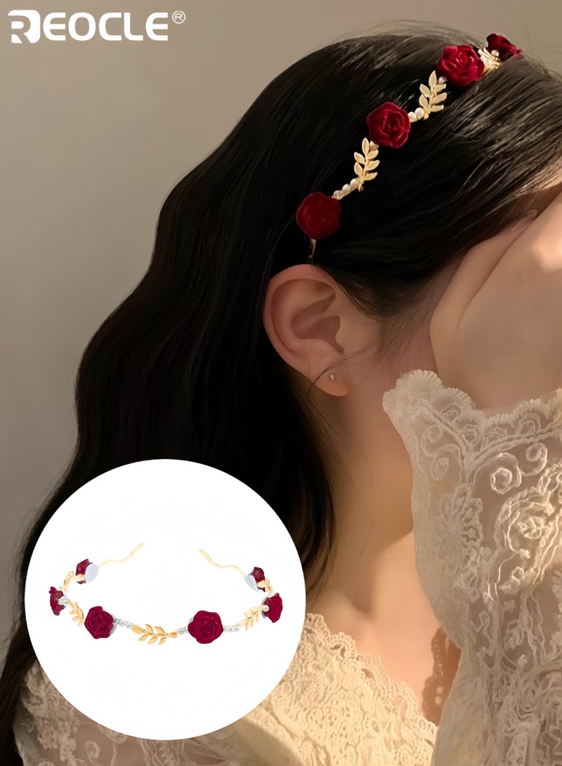 ريوكل عصابة رأس نسائية مرصعة باللؤلؤ الوردي بتصميم فرنسي عتيق ولمسة نهائية فاخرة، إكسسوار شعر نسائي بمشبك تثبيت آمن للاستخدام اليومي غير الرسمي (مقاس واحد) - Image 1