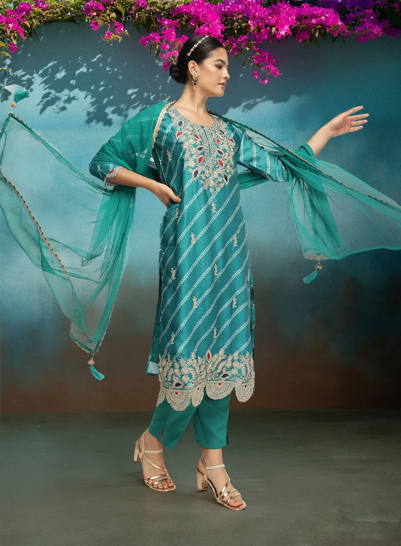 Ishin  Women'S Green Nylon Blend Embellished Tunic Full Length Pleat Front Straight Fit Kurta Set for Women | Best Price UAE