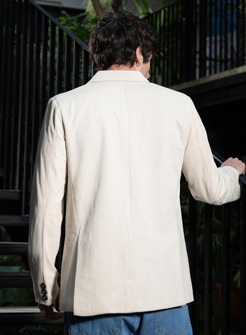 كامبوس سوترا بليزر رجالي مزدوج الصدر من الكوردروي بياقة مطوية وأكمام طويلة بأزرار مقسمة، قماش كوردروي منسوج بلون سادة للملابس الكاجوال والسهرة أبيض - Image 4