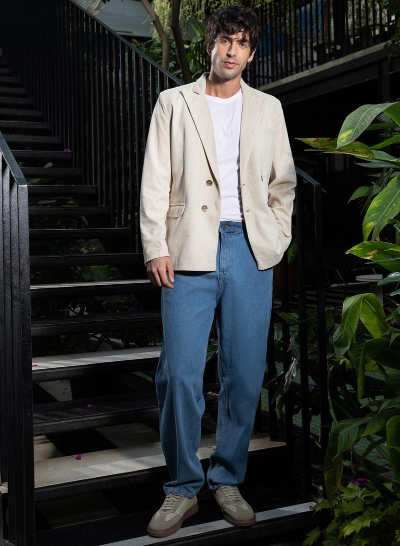 كامبوس سوترا بليزر رجالي مزدوج الصدر من الكوردروي بياقة مطوية وأكمام طويلة بأزرار مقسمة، قماش كوردروي منسوج بلون سادة للملابس الكاجوال والسهرة أبيض - Image 5