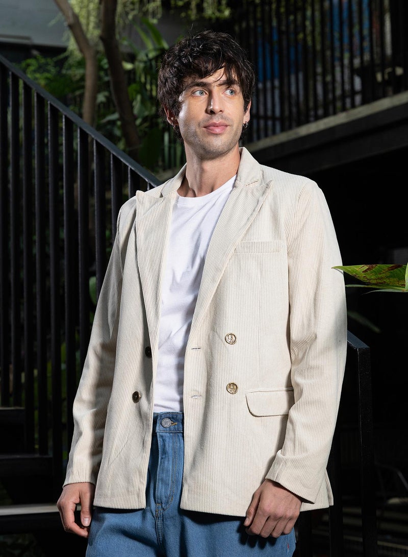 كامبوس سوترا بليزر رجالي مزدوج الصدر من الكوردروي بياقة مطوية وأكمام طويلة بأزرار مقسمة، قماش كوردروي منسوج بلون سادة للملابس الكاجوال والسهرة أبيض - Image 3