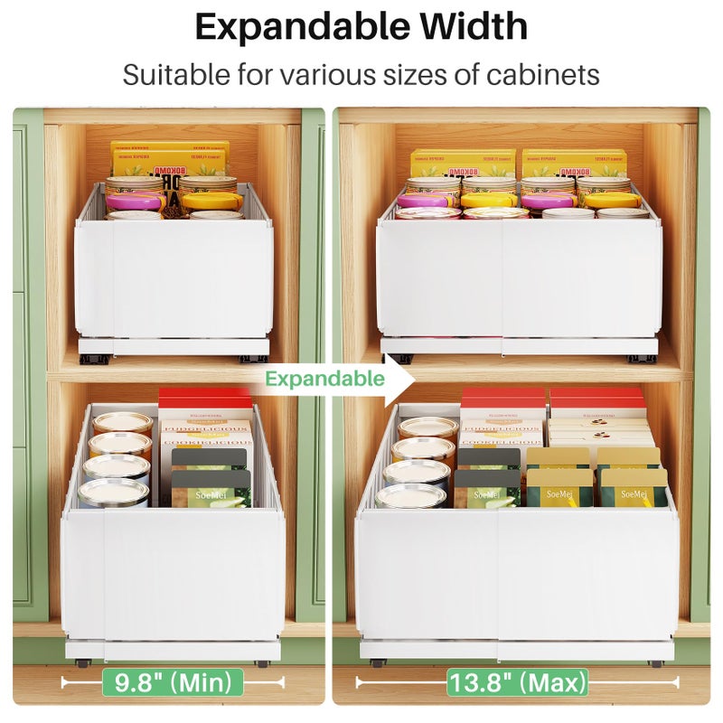 Kitstorack Pull out Cabinet Organizer, 2-Pack Expandable Width(9.8"-13.8") Heavy Duty Slide out Drawers with Raising Pad for Framed Cabinets, Adhesive Roll Out Shelves for Pantry, Kitchen,Bathroom Storage(White) - Image 2