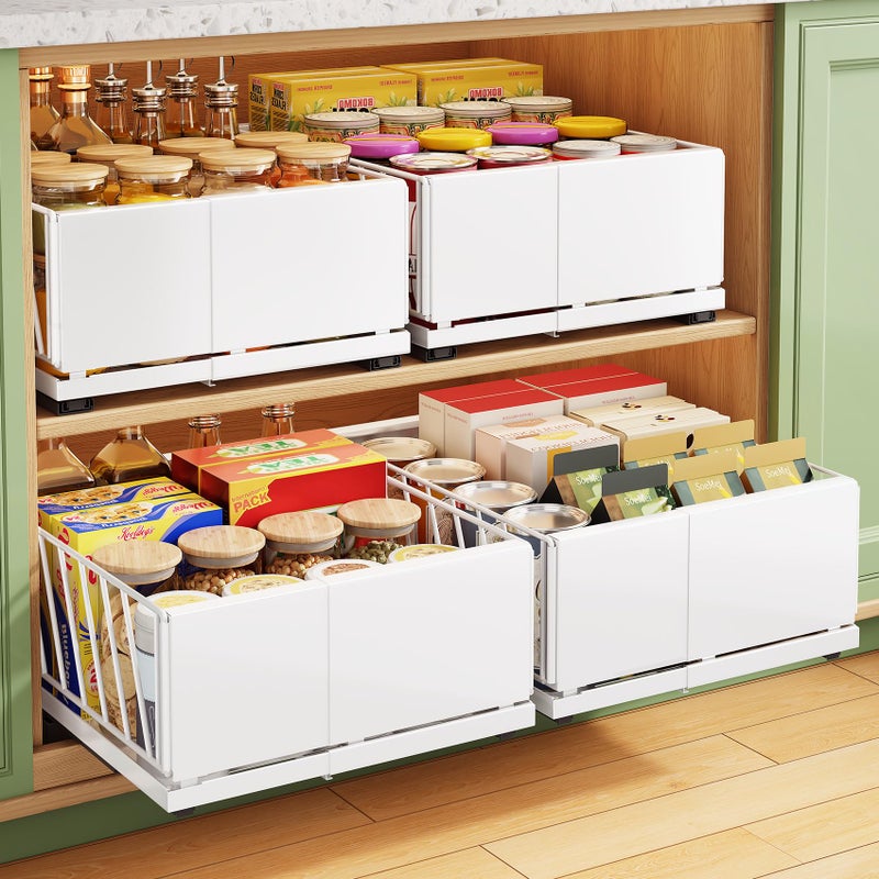 Kitstorack Pull out Cabinet Organizer, 2-Pack Expandable Width(9.8"-13.8") Heavy Duty Slide out Drawers with Raising Pad for Framed Cabinets, Adhesive Roll Out Shelves for Pantry, Kitchen,Bathroom Storage(White) - Image 1