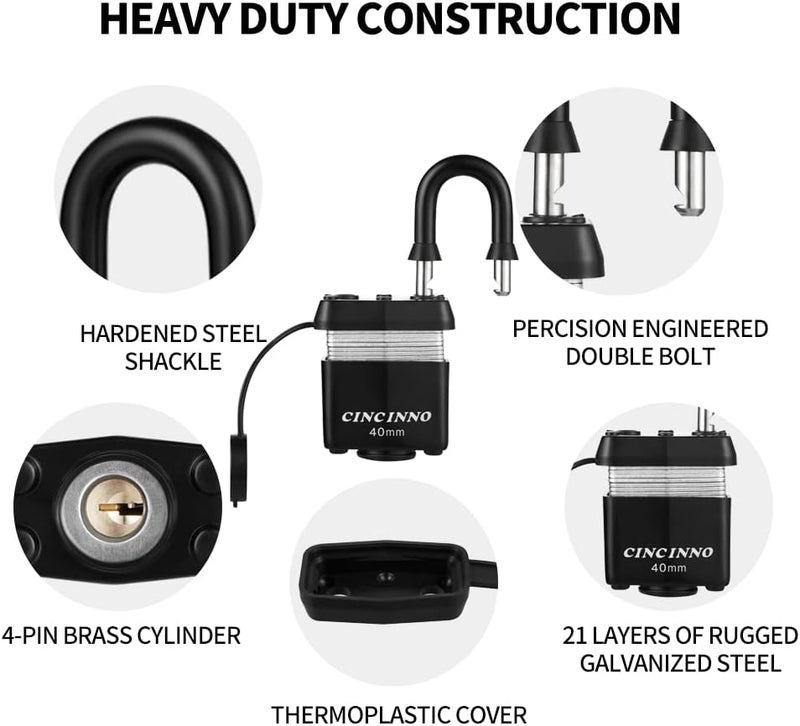 CINCINNO Heavy Duty Weatherproof Laminated Padlock with Key，2.2 Inch Long Shackle Pad Lock with Same Key for Door, Gate, Shed, Trailer, Storage, Chain, 12 Pack - Image 3