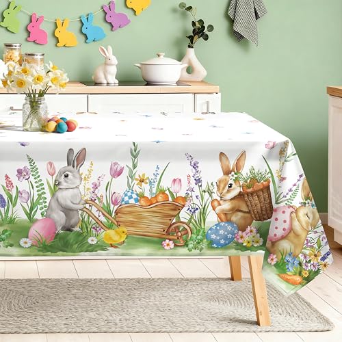Arquiel Easter Bunny Table Cloth Rectangle Machine Washable Rabbit Spring Tablecloth 84 60 inch Polyester Easter Eggs Christian Table Cover for Kitchen Dinner Party Outdoor Decor - Image 1