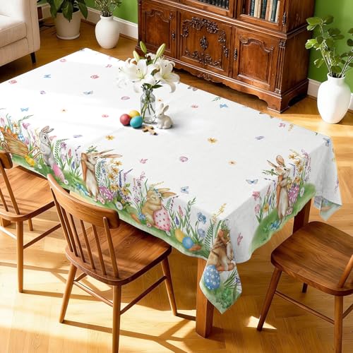 Arquiel Easter Bunny Table Cloth Rectangle Machine Washable Rabbit Spring Tablecloth 84 60 inch Polyester Easter Eggs Christian Table Cover for Kitchen Dinner Party Outdoor Decor - Image 3