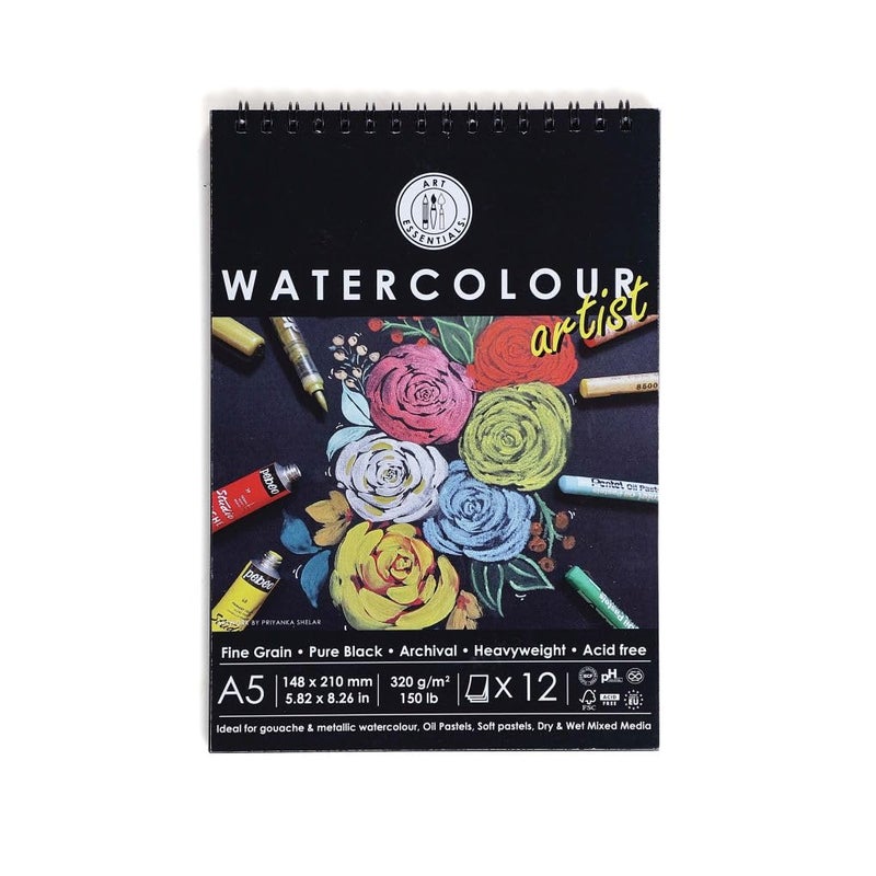Art Essentials أساسيات الفن ورق مائي أسود للفنان A5 حبيبات دقيقة/فيلوم 320 GSM، دفتر حلزوني من 12 ورقة، أوراق خالية من الحمض للألوان المائية المعدنية، الغواش، ألوان الملصقات، التمبرا، الأحبار غير الشفافة، الأكريليك - Image 1