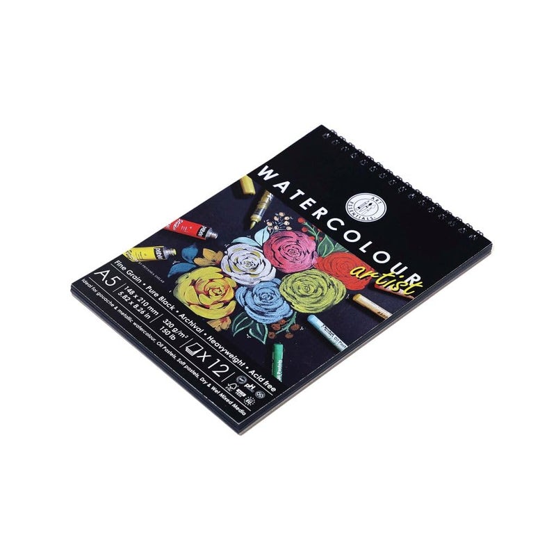 Art Essentials أساسيات الفن ورق مائي أسود للفنان A5 حبيبات دقيقة/فيلوم 320 GSM، دفتر حلزوني من 12 ورقة، أوراق خالية من الحمض للألوان المائية المعدنية، الغواش، ألوان الملصقات، التمبرا، الأحبار غير الشفافة، الأكريليك - Image 2